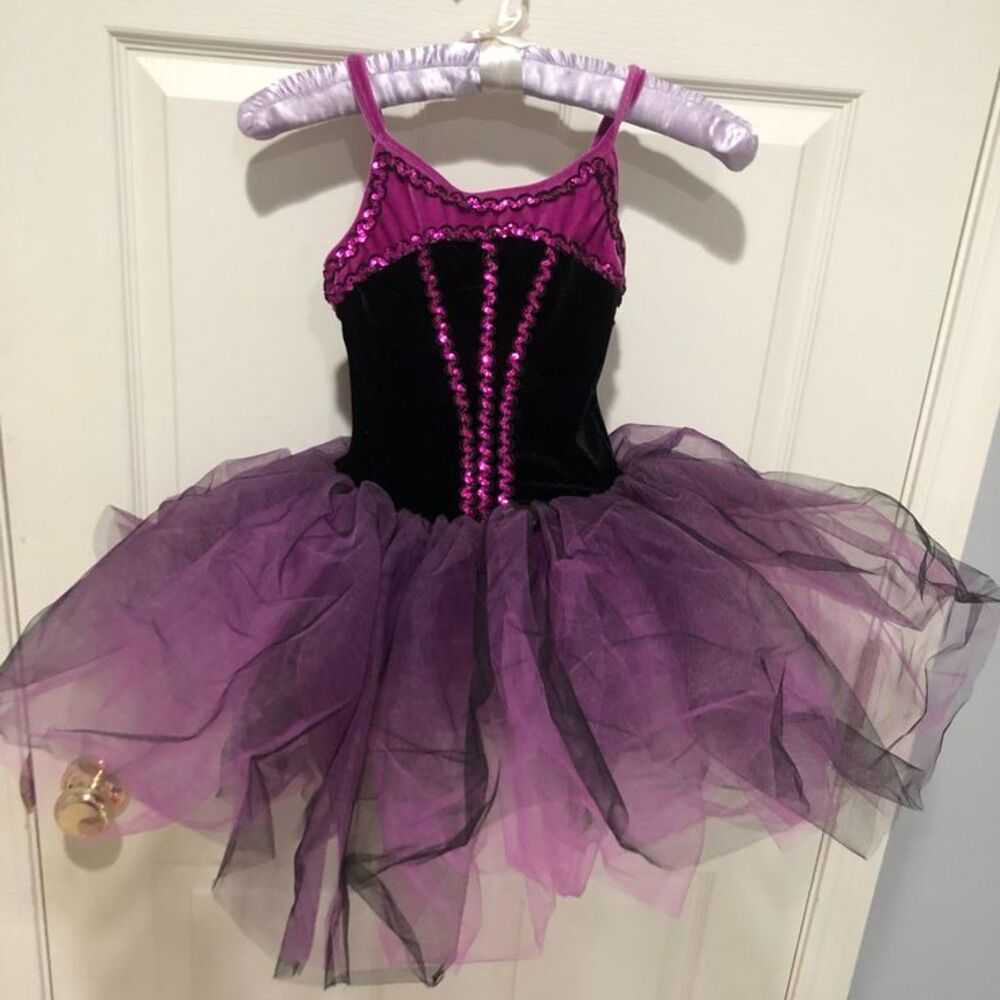 Girls Revolution Dance Costume Fuchsia & Black Leotard With Attached Tutu Size 5